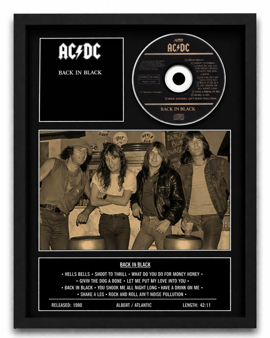 Framed AC/DC 'Back in Black' album with band photo and tracklist