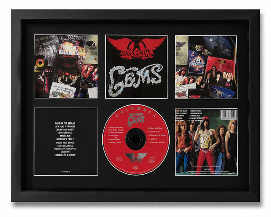 Framed display of a red CD with album cover and promotional photos