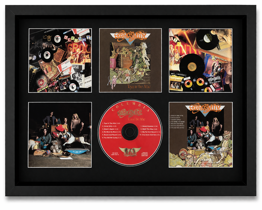 Framed album cover with a red disc and multiple images on a black background