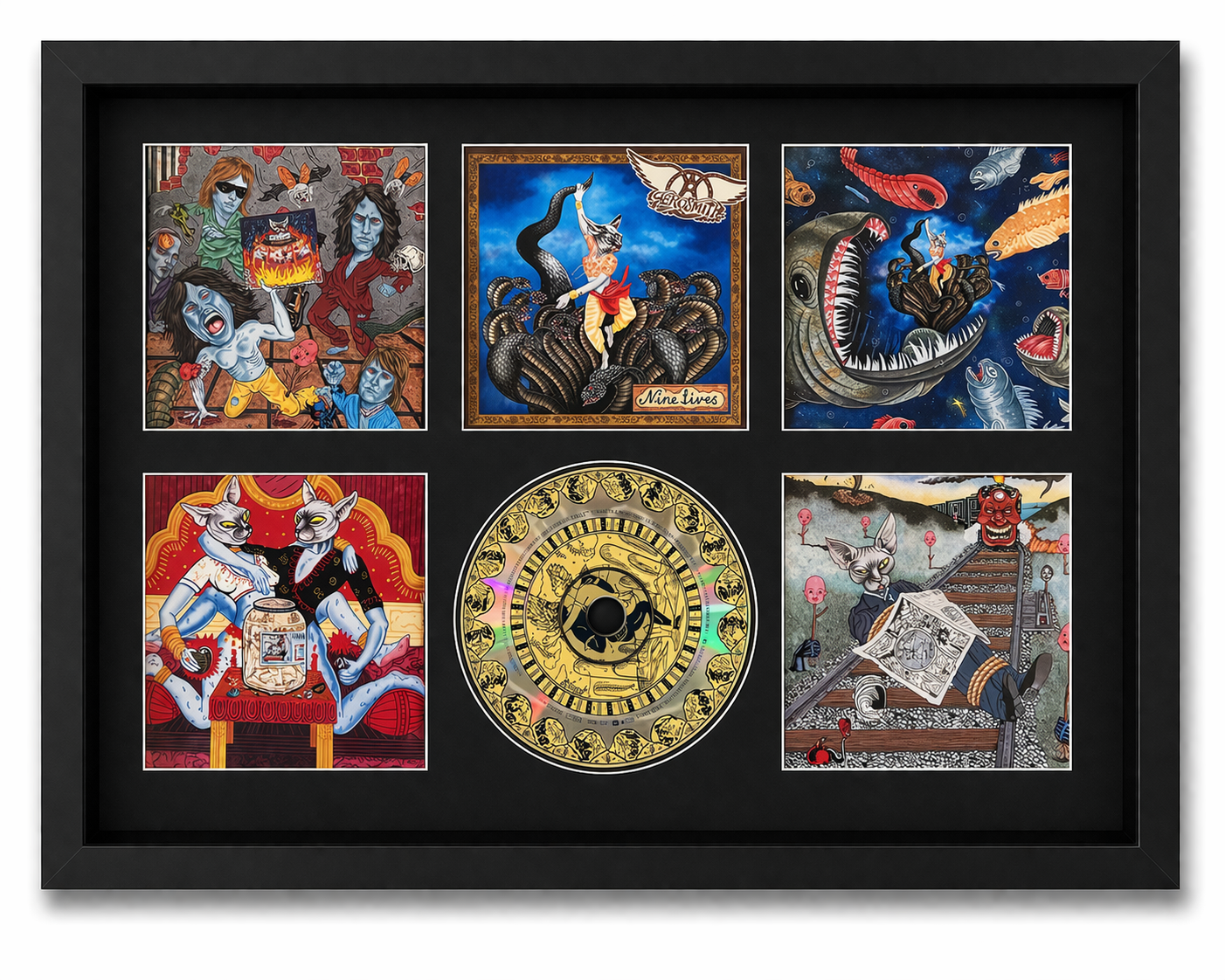 Framed artwork with six colorful cards and a central circular design.
