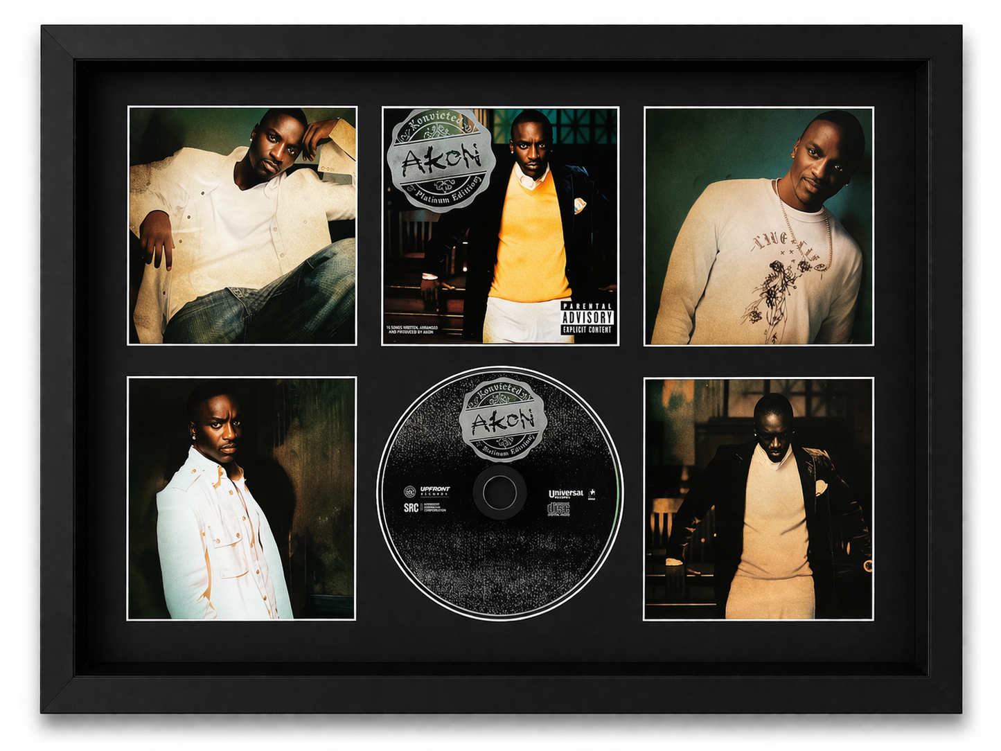 Framed collage of Akon's album cover and photos with a CD disc in the center.