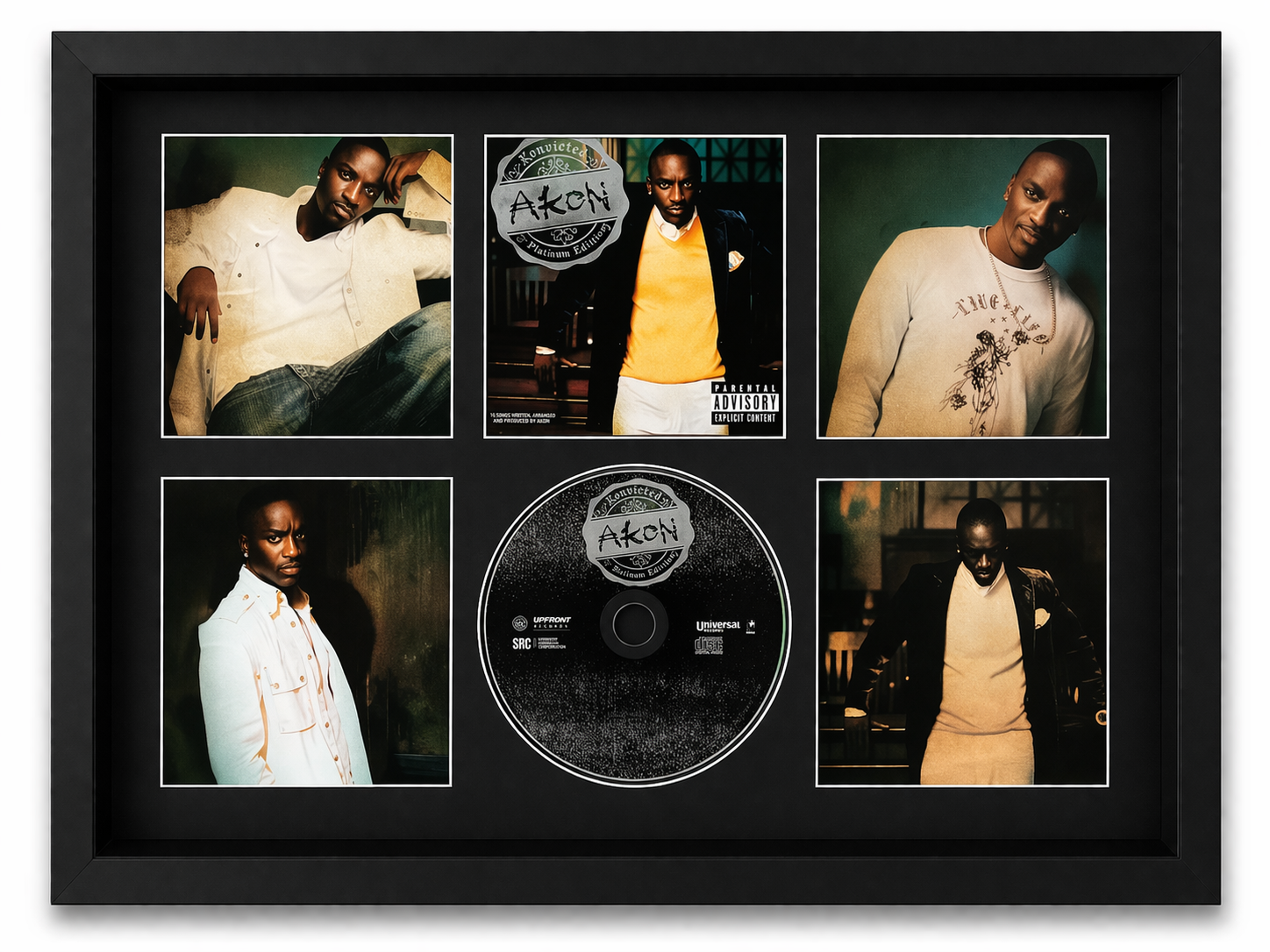 Framed collage of Akon's album cover and photos with a CD disc in the center.