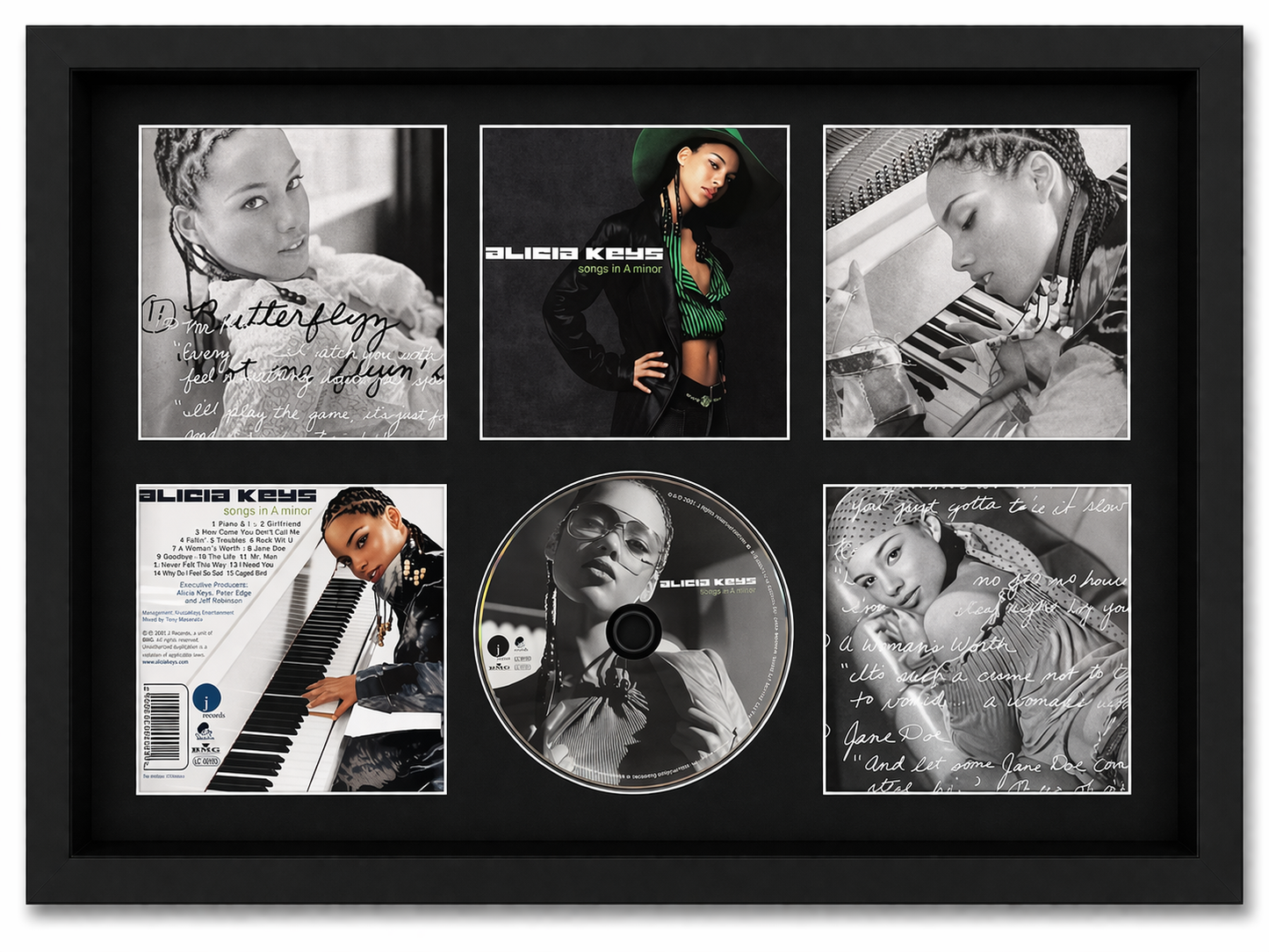 Framed collage of Alicia Keys with a CD in the center