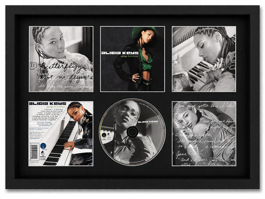 Framed collage of Alicia Keys with a CD in the center