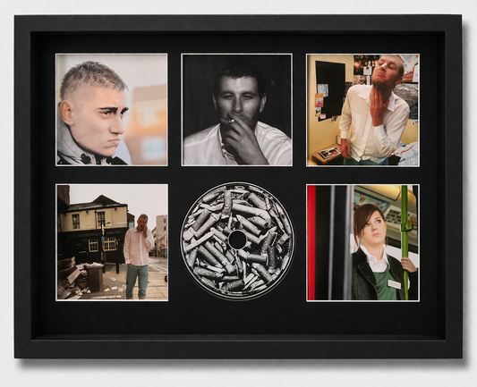 Framed collage with portraits and a CD inside