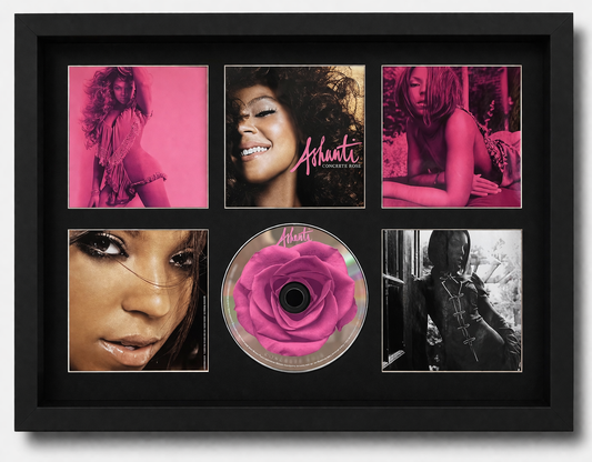 Framed collage with images of a woman and a pink rose CD, on a black background
