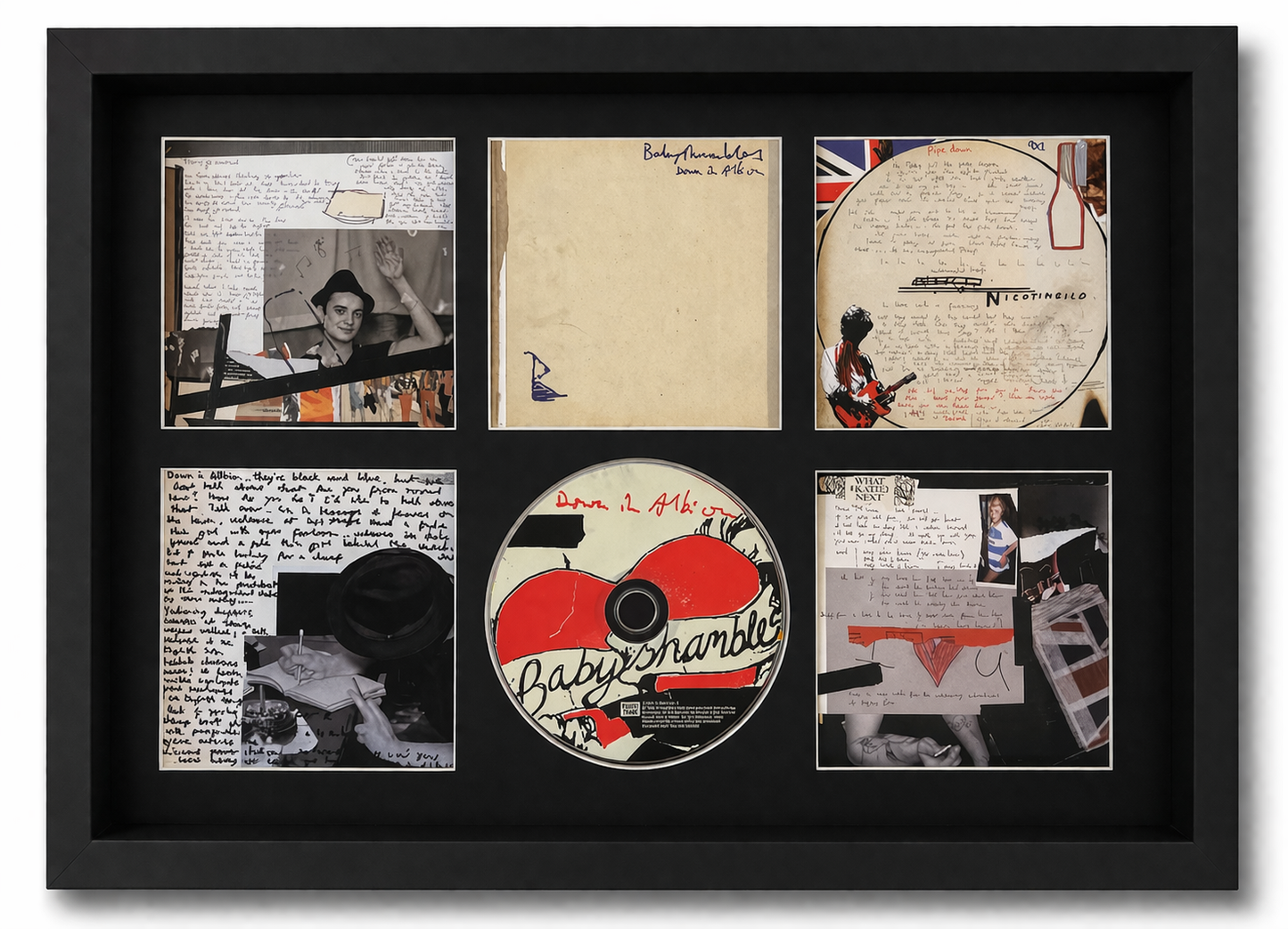 Framed collage with album cover, photos, and text on a black background