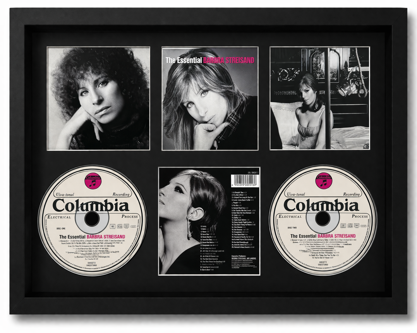 Framed album cover with Columbia Records disc and images of a woman, featuring Barbra Streisand.