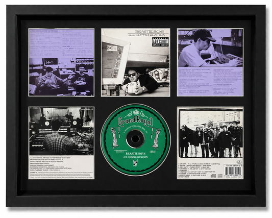 Framed collage of album covers and a green record with text and images.