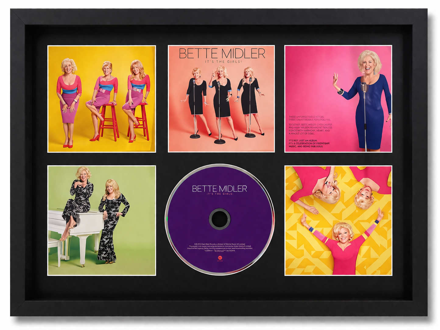 Framed Bette Midler album cover with promotional images and a CD inside.