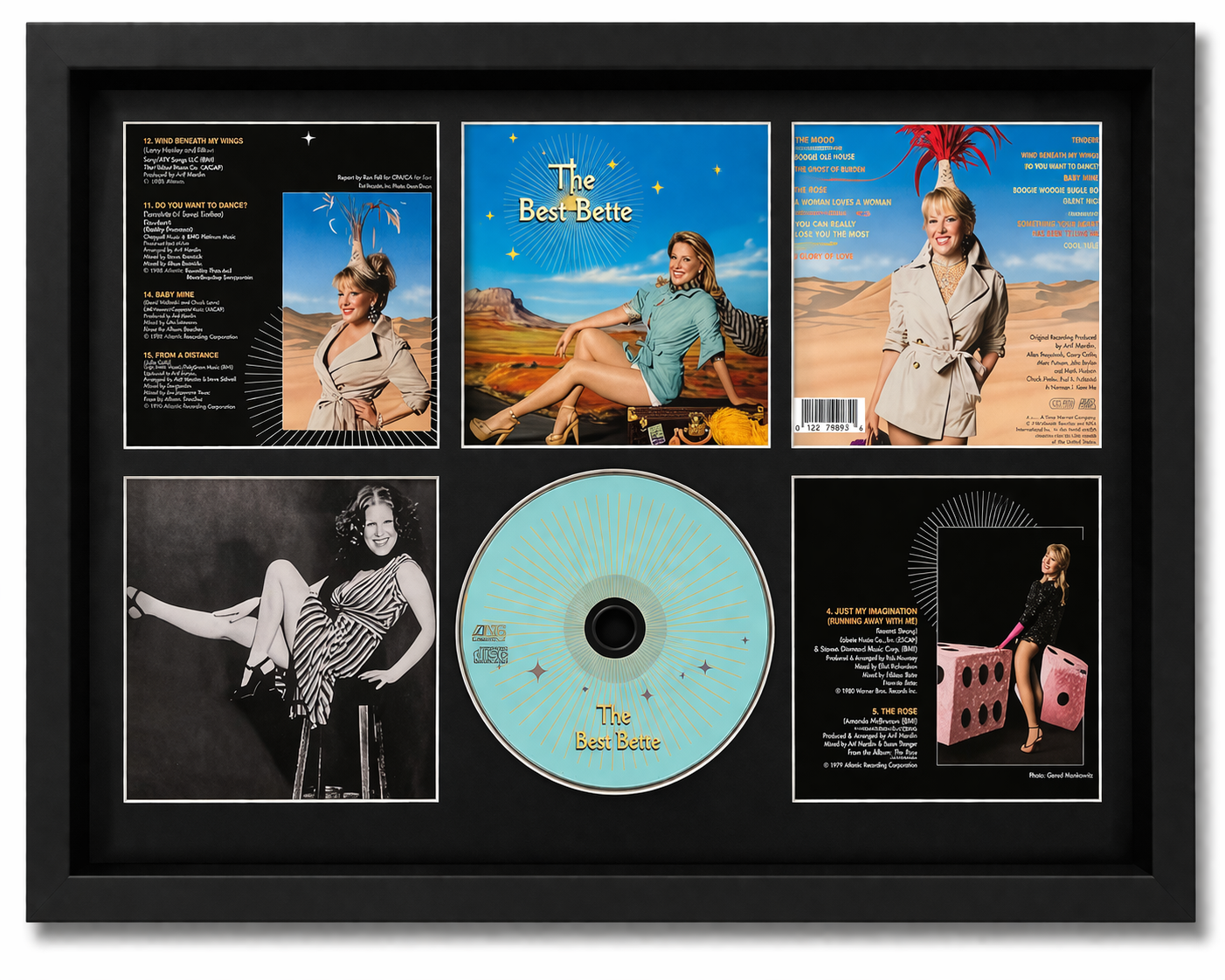 Framed Bette Midler album collection with photos and a CD