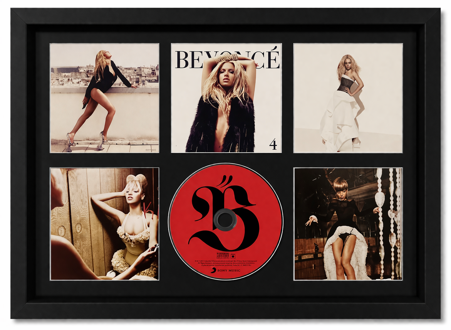 Framed collage of images featuring a person, with a central red disc displaying a black symbol.