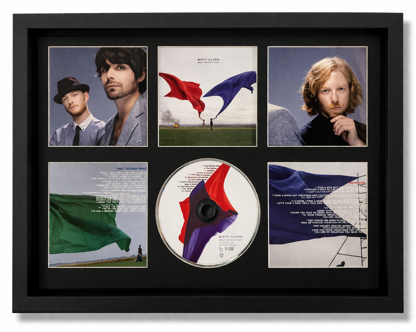 Framed music album cover with portraits and a CD inside