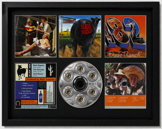 Framed collage with various images and a bullet casing display, featuring a black frame.