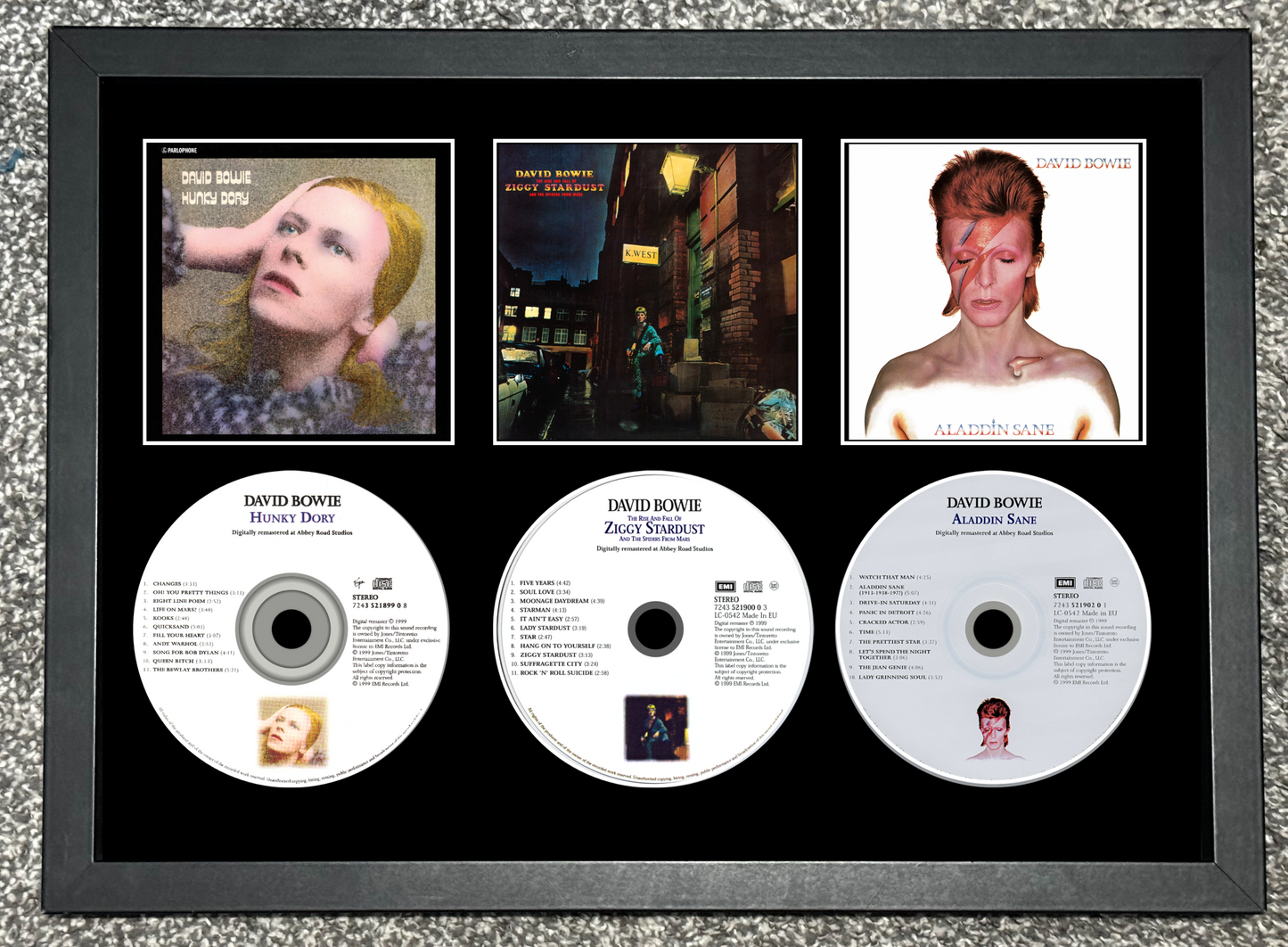David Bowie | Hunky Dory | Ziggy Stardust | Aladdin Sane | Triple Retro Mounted CD Wall Display | Frame Not Included |