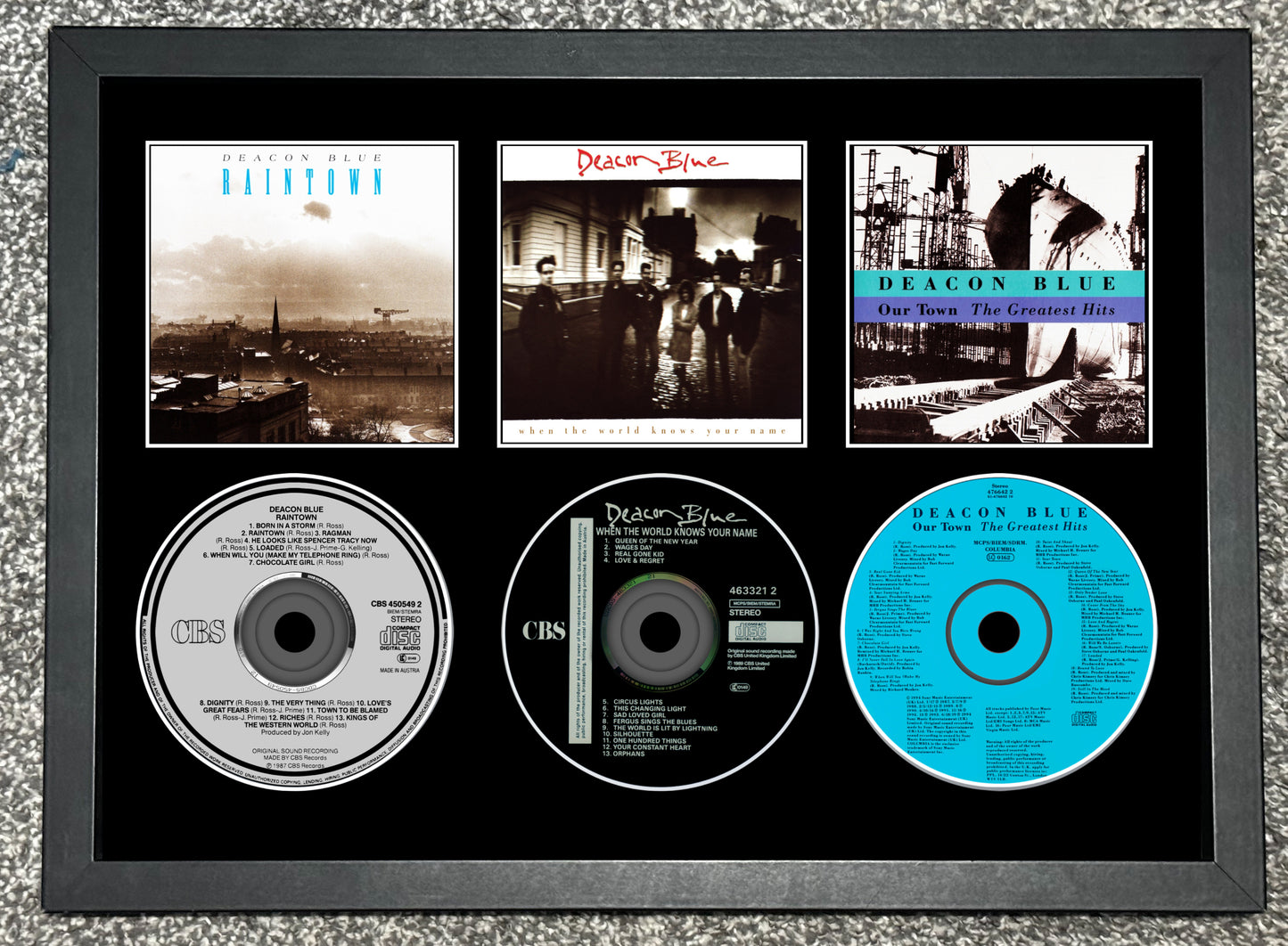 Deacon Blue | Raintown | When The World Knows Your Name | One Town | Triple Retro Mounted CD Wall Display | Frame Not Included |