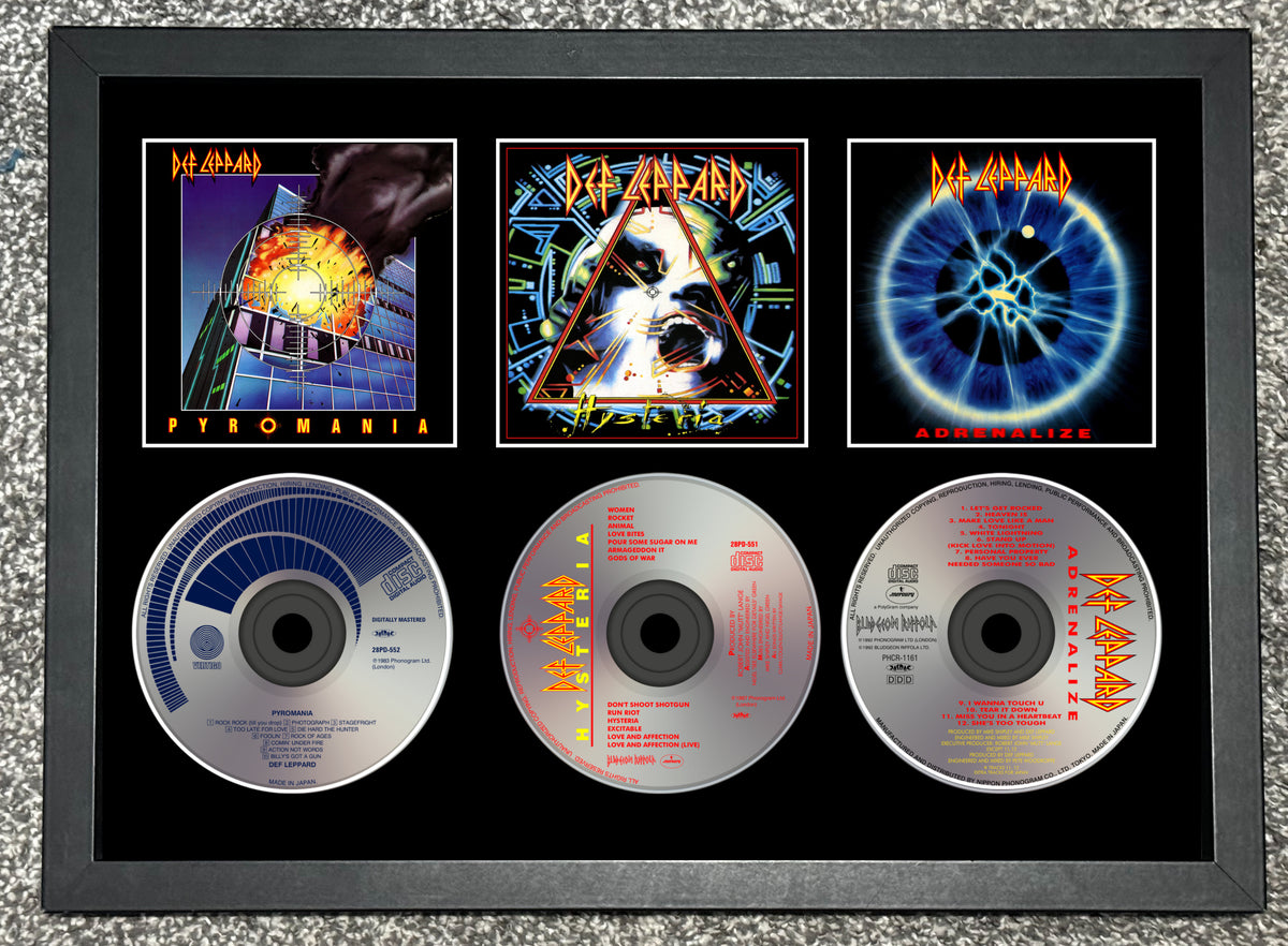 Def Leppard | Pyromania | Hysteria | Adrenalize | Triple Retro Mounted CD Wall Display | Frame Not Included |