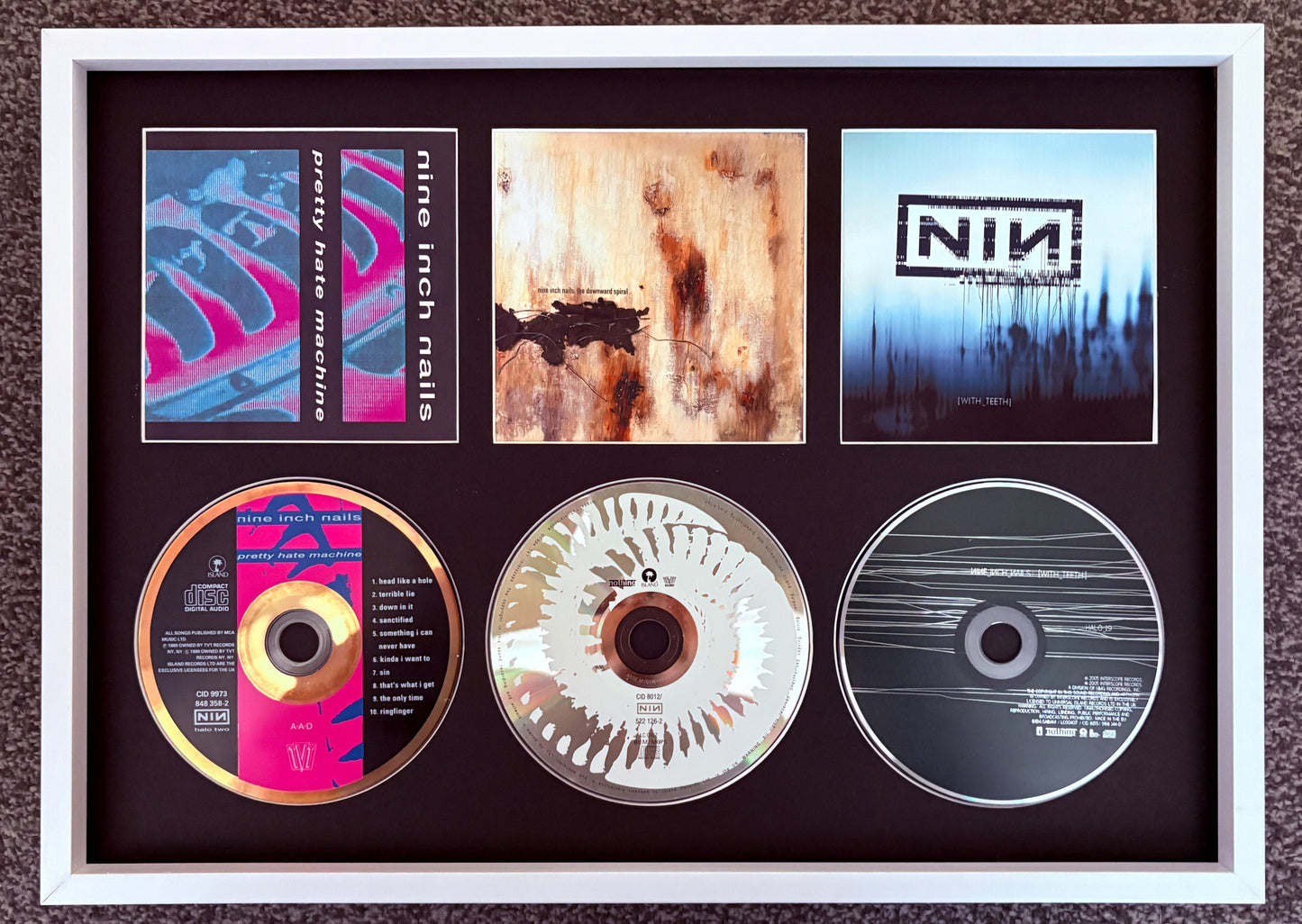 Nine Inch Nails | Pretty Hate Machine | The Downward Spiral | With Teeth | Triple Retro Mounted CD Wall Display | Frame Not Included |