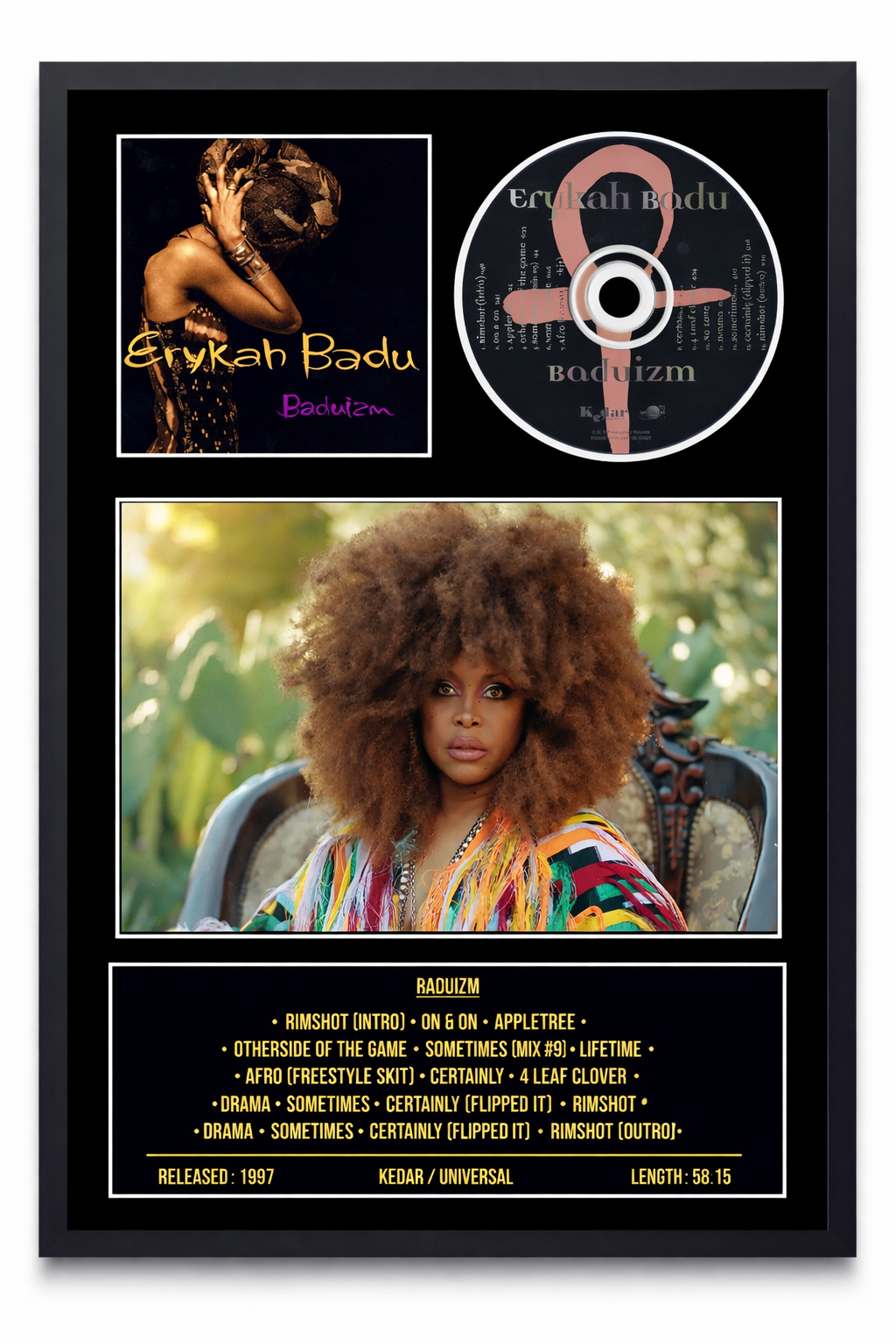 Framed album cover with a woman, CD, and tracklist for 'Baduizm' by Erykah Badu.