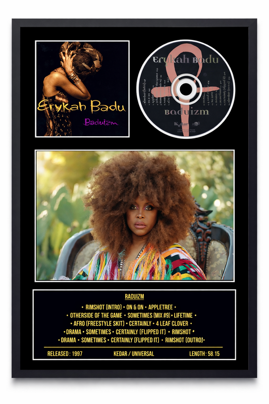 Framed album cover with a woman, CD, and tracklist for 'Baduizm' by Erykah Badu.