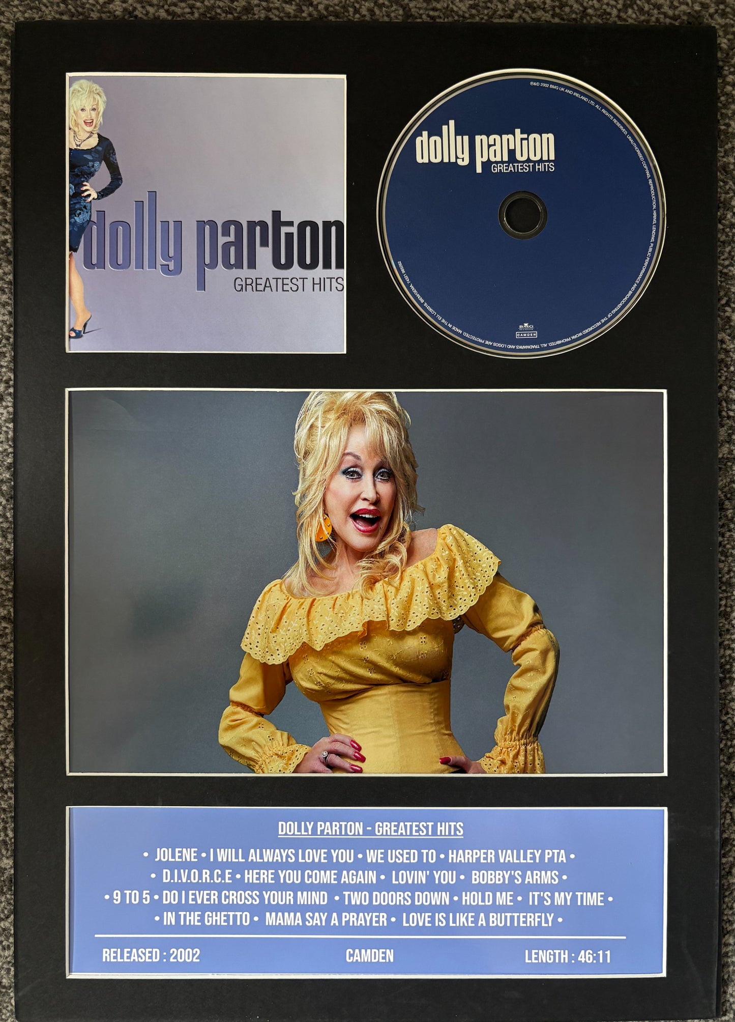 Dolly Parton  | Greatest Hits| Retro Mounted CD Wall Display | Frame Not Included |