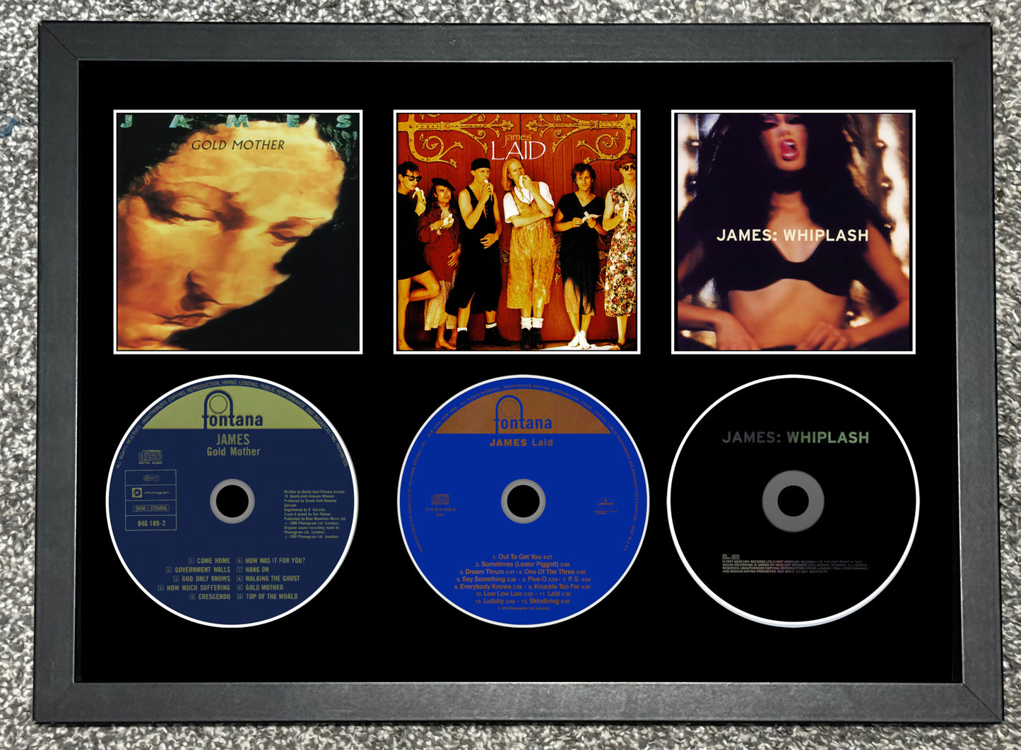 James | Gold Mother | Laid | Whiplash | Triple Retro Mounted CD Wall Display | Frame Not Included |