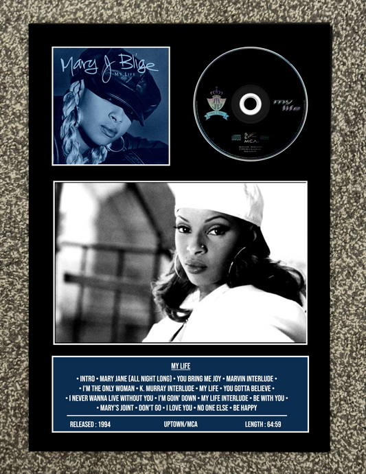 Album cover with Mary J. Blige featuring a photo, CD, and tracklist on a textured surface.