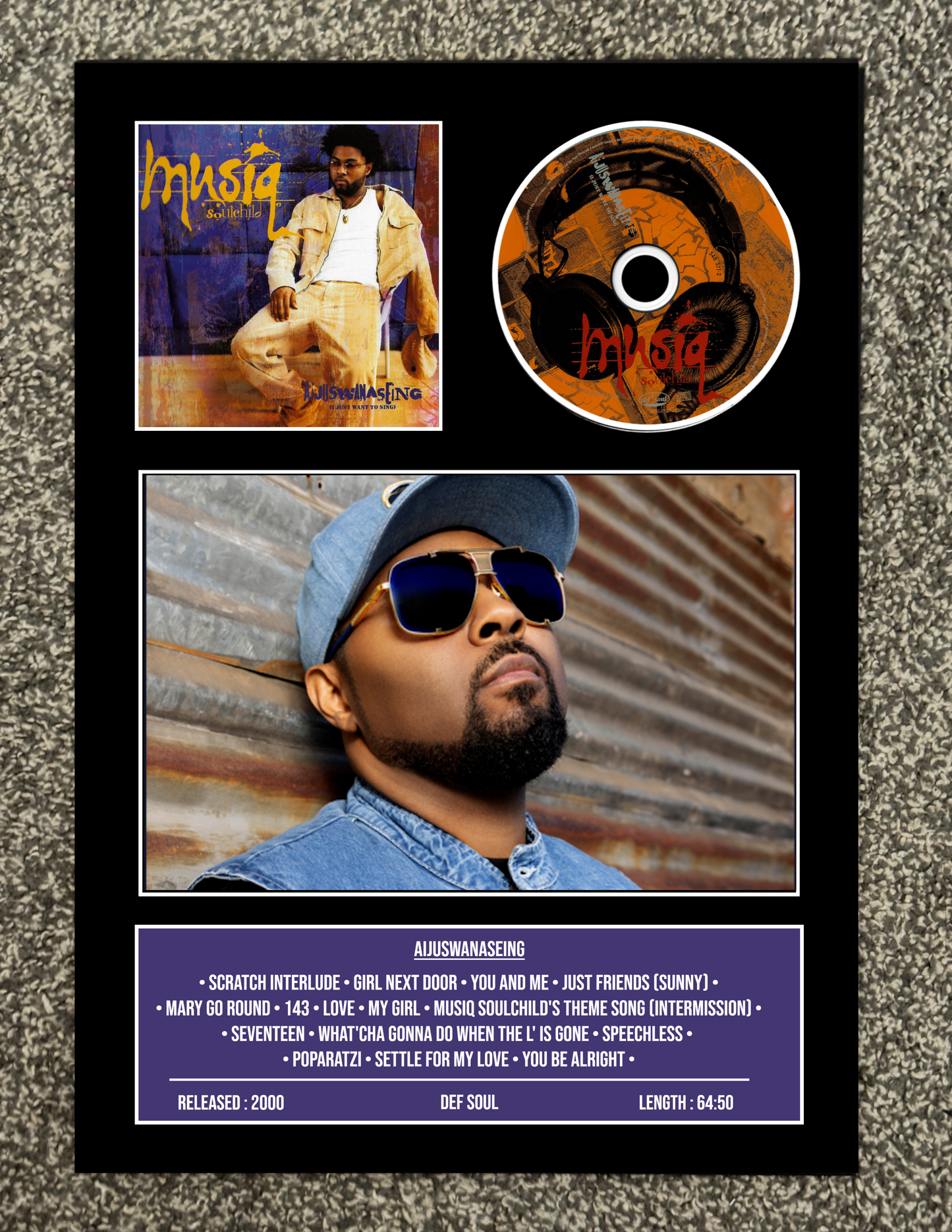 Album cover with a person, CD, and tracklist on a textured surface