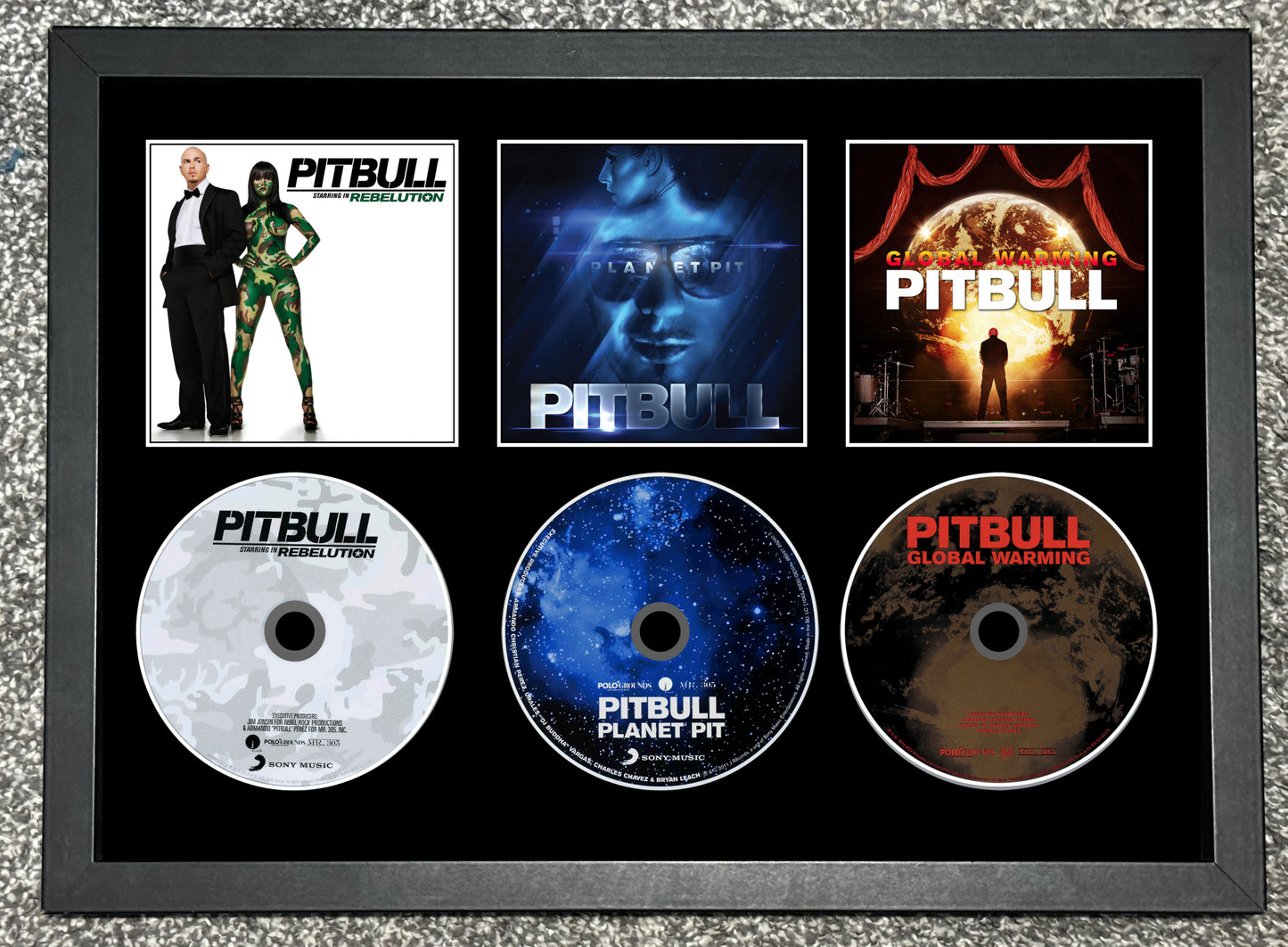 Pitbull | Rebelution | Planet Pit | Global Warming | Triple Retro Mounted CD Wall Display | Frame Not Included |