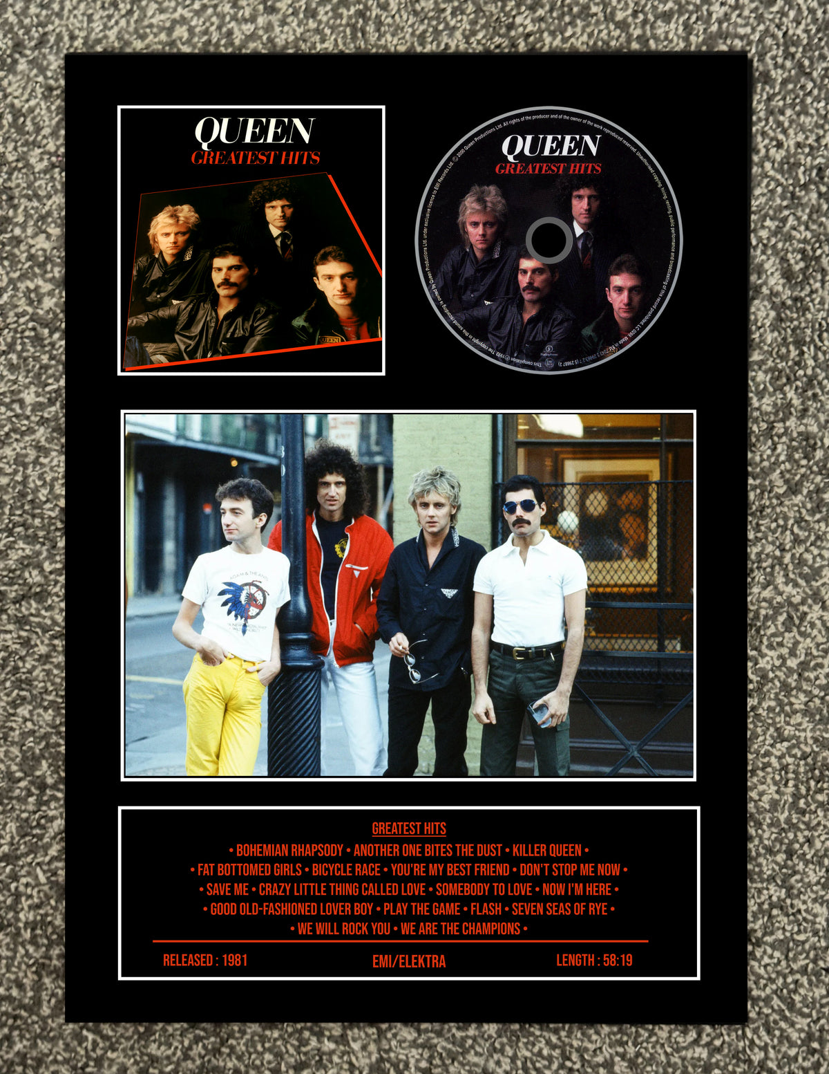 Queen | Greatest Hits | Retro Mounted CD Wall Display | Frame Not Included |