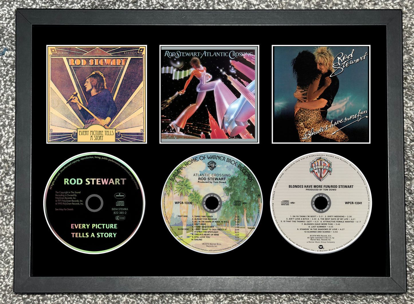 Rod Stewart | Every Picture Tells..| Atlantic Crossing | Blondes Have More Fun | Triple Retro Mounted CD Wall Display | Frame Not Included |