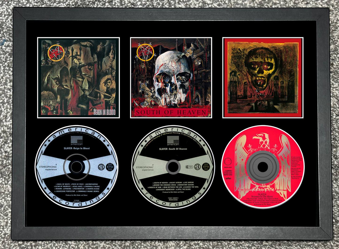 Slayer | Reign In Blood | South Of Heaven | Seasons In The Abyss | Triple Retro Mounted CD Wall Display | Frame Not Included |