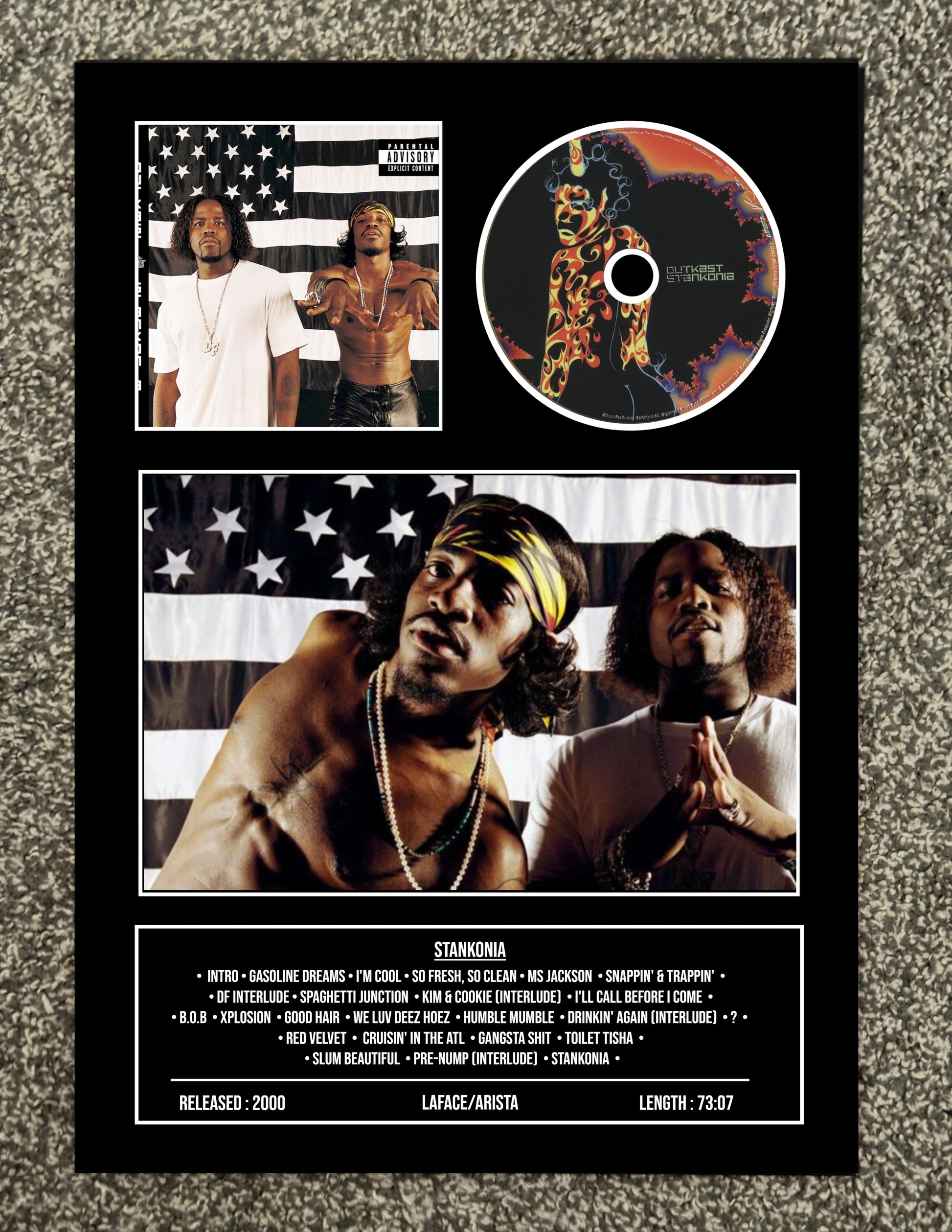 CD cover with American flag design, images of people, and tracklist on a textured surface.