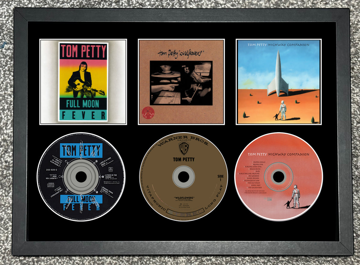 Tom Petty | Full Moon Fever | Wildflowers | Highway Companion | Triple Retro Mounted CD Wall Display | Frame Not Included |