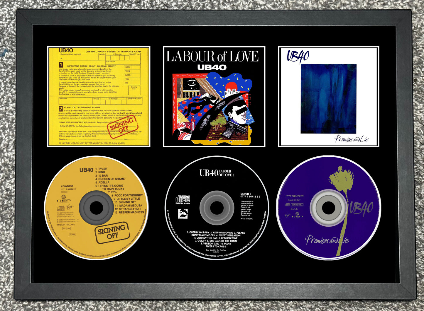 UB40 | Signing Off | Labour Of Love | Promises & Lies | Triple Retro Mounted CD Wall Display | Frame Not Included |