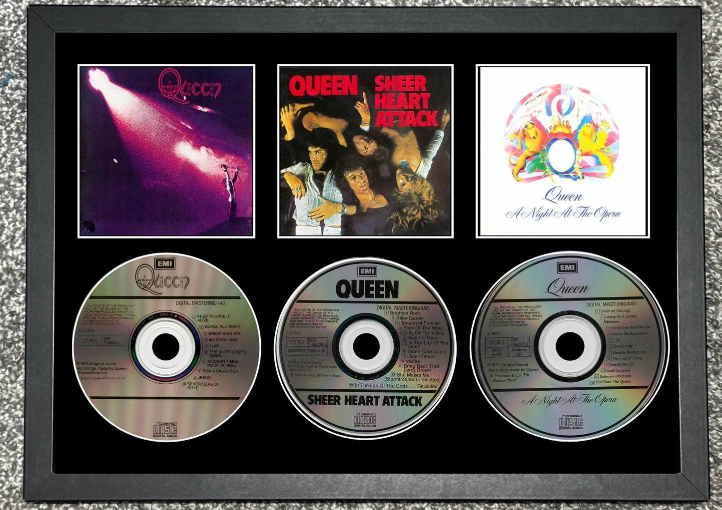 Queen | Queen | Sheer Heart Attack | A Night At The Opera | Retro Triple CD Wall Display | Frame Not Included |