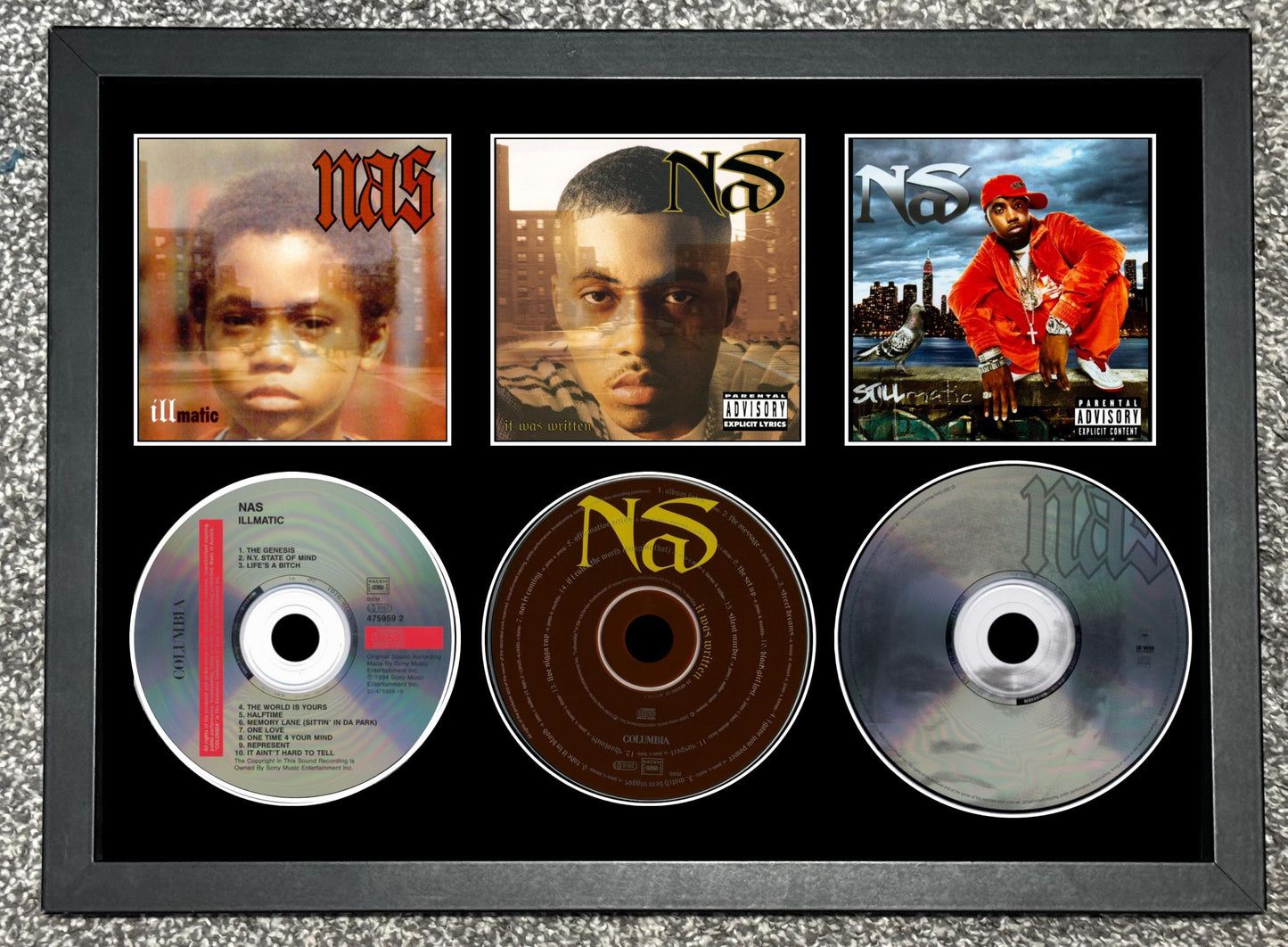 Nas | Illmatic | It Was Written | Stillmatic | Retro Triple CD Wall Display | Frame Not Included |