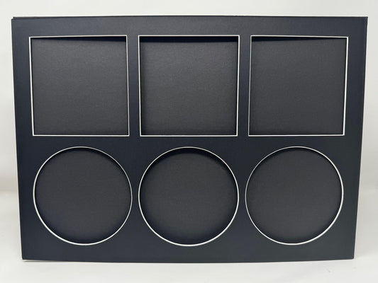 Black display box with square and circular cutouts on a white background